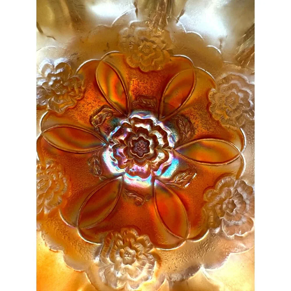 Antique Dugan Carnival Glass Pedestal Bowl in Marigold Double Stem Rose Pattern